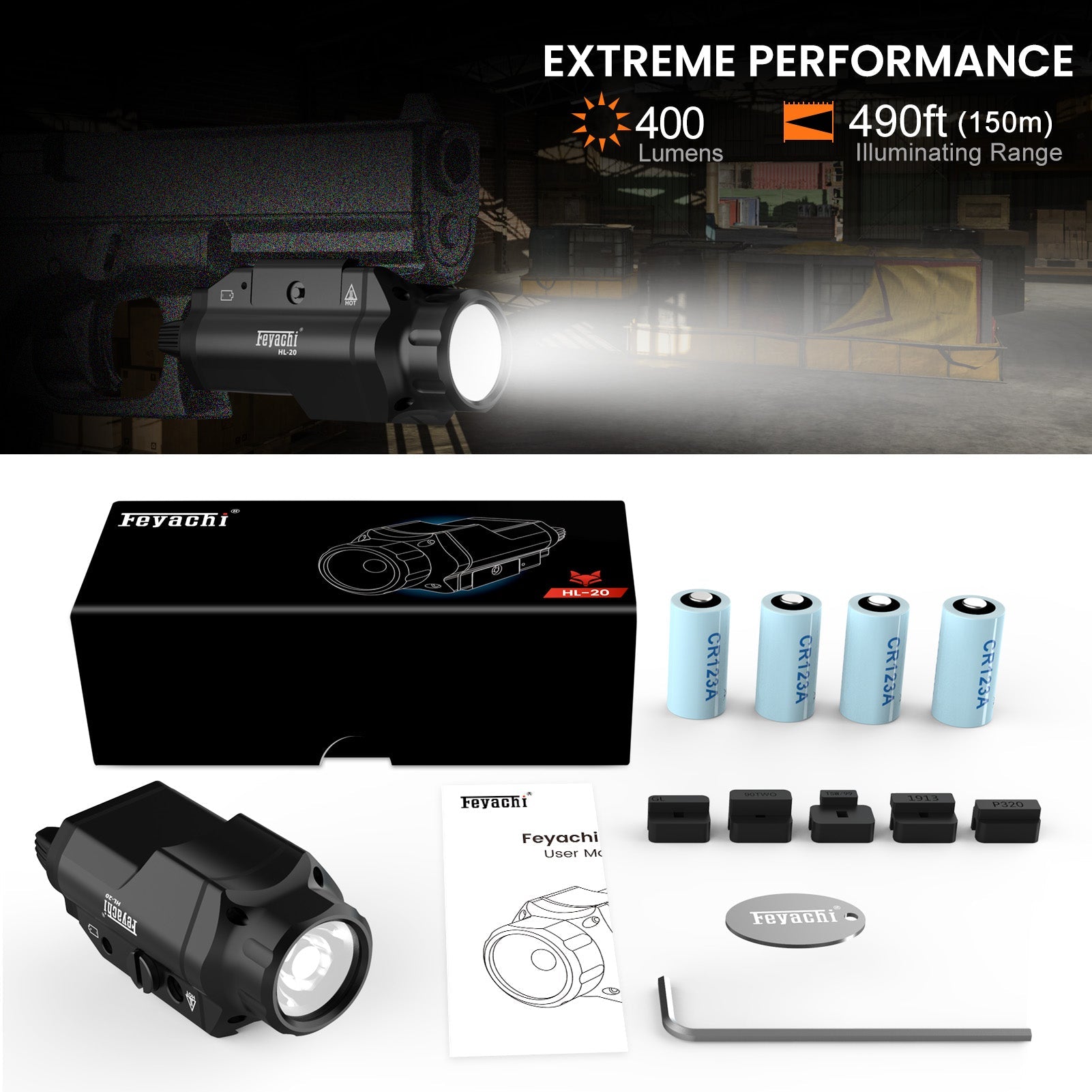 Feyachi HL-20 Tactical Pistol Light - 400 Lumen Rail Flashlight