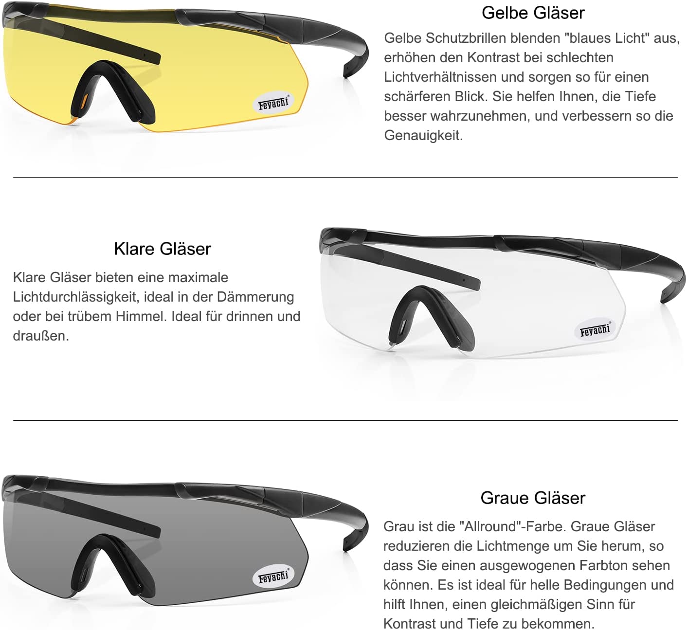 Feyachi Schießbrille mit 3 austauschbaren Gläsern, schlagfester Augenschutz, verstellbar feyachi Black Armygreen Khaki Black-Armygreen-Khaki-